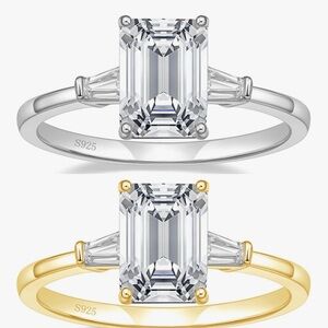 NWT-3CT .925 Sterling Silver 3-Stone Emerald Cut Engagement Ring